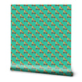 A roll of wallpaper with a retro design featuring multiple colorful roller skates against a teal background.
