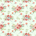 Watercolor floral wallpaper featuring coral and white flowers with green leaves on a light mint background.