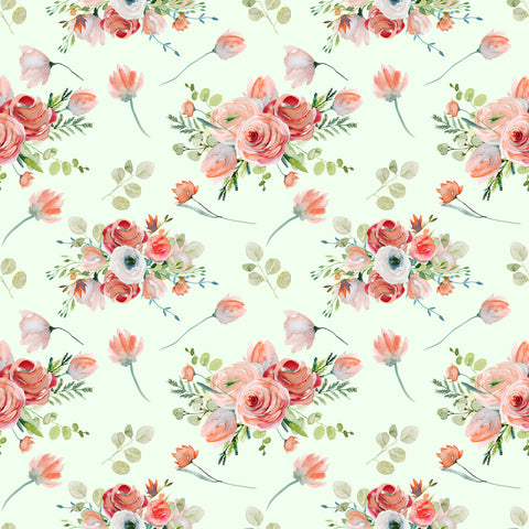 Watercolor floral wallpaper featuring coral and white flowers with green leaves on a light mint background.