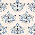 
Elegant blue and gray damask wallpaper with soft beige background, suitable for bathroom or living room walls