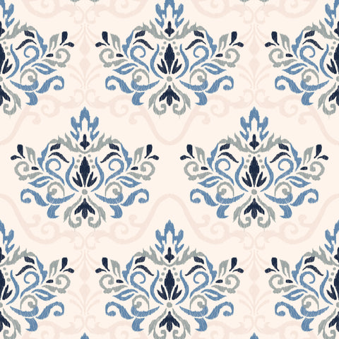 
Elegant blue and gray damask wallpaper with soft beige background, suitable for bathroom or living room walls