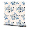 
Elegant blue and gray damask wallpaper with soft beige background, suitable for bathroom or living room walls