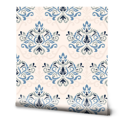 
Elegant blue and gray damask wallpaper with soft beige background, suitable for bathroom or living room walls