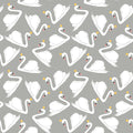 Removable wallpaper featuring a pattern of white swans on a gray background.


