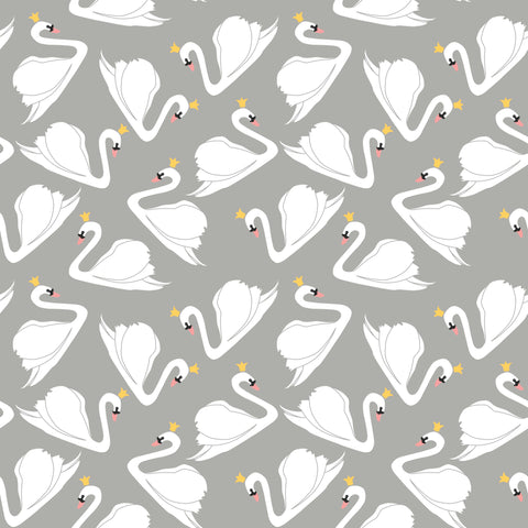 Removable wallpaper featuring a pattern of white swans on a gray background.

