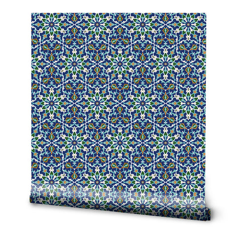 Safar Tapestry Removable Wallpaper - Spanish Tile Print - Blue & Green