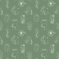 sage green removable wallpaper with a pattern of eyes, plants, and abstract designs.