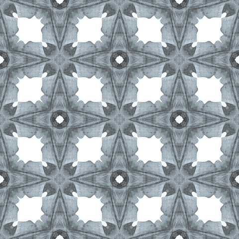Gray geometric wallpaper with star and diamond motifs on a white background, featuring a watercolor texture effect.