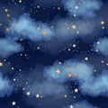 A colorful wallpaper featuring a night sky with stars and clouds in shades of blue, gray, and white.
