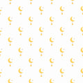 White wallpaper with a simple crescent moon, star, and hanging orb pattern in soft yellow and gold tones.