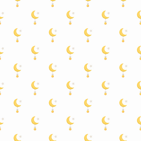 White wallpaper with a simple crescent moon, star, and hanging orb pattern in soft yellow and gold tones.