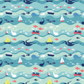 removable wallpaper with a under the sea theme, featuring various colorful sea creatures and boats on a blue background.
