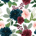 Watercolor floral wallpaper with navy, burgundy, and blush pink roses and green leaves on a white base, suitable for living rooms or bedrooms.