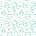Light teal scroll-patterned wallpaper on a white background with a delicate vine design.