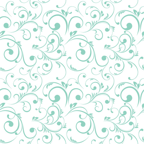 Light teal scroll-patterned wallpaper on a white background with a delicate vine design.