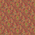 Wallpaper with traditional paisley pattern in red, gold, and green colors on a decorative background