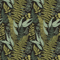 wallpaper featuring a vintage floral and nature design with green and brown colors.