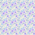 wallpaper featuring a violet floral pattern with purple flowers and green leaves on a white background.