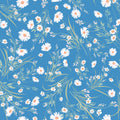 A section of wallpaper with a floral pattern featuring daisies in various shades of white and green on a blue background.