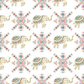 Wallpaper with decorative elephants and geometric tribal patterns in beige, teal, and coral on a white background