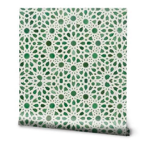 Zellige Removable Wallpaper - Green & white - Moroccan Tile Design